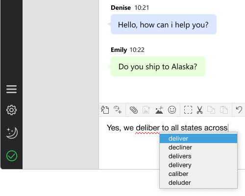 O aplicativo de agente de chat possui um corretor ortográfico integrado