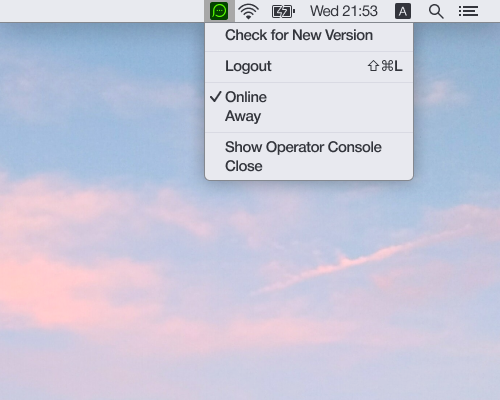 Minimize o aplicativo de atendimento de live chat para a barra de menu do Mac OS O aplicativo de atendimento pode ser minimizado na barra de menu